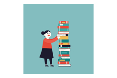 A cheerful woman organizing a tall stack of colorful books i Product Image 1