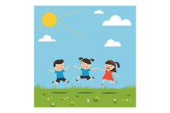 Three joyful children playing and jumping in a sunny park, f Product Image 1