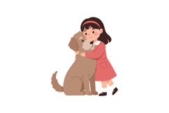 A young girl in a pink dress joyfully hugging a fluffy dog i Product Image 1