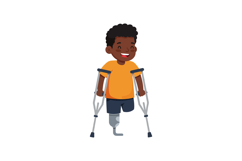 Happy young boy with crutches and a prosthetic leg in a chee Product Image 1