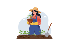 Gardener holding a potted plant in a sunny field in flat vec Product Image 1