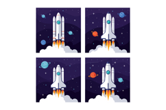 Rocket launching into space with colorful planets in a flat Product Image 1