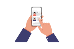 Hands holding a smartphone displaying user profiles in a fla Product Image 1
