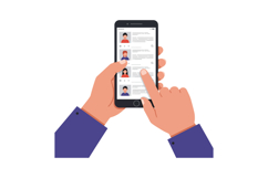 Hands holding a smartphone displaying profile listings in a Product Image 1
