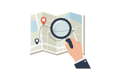 A hand holding a magnifying glass over a map in a flat desig Product Image 1