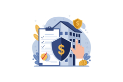 Financial security concept with clipboard, money, and buildi Product Image 1