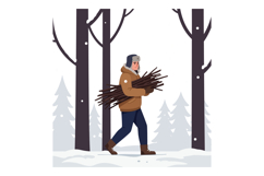 Person carrying firewood through snowy forest in flat vector Product Image 1