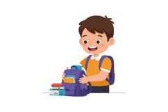 Happy child organizing books in backpack with flat vector ar Product Image 1