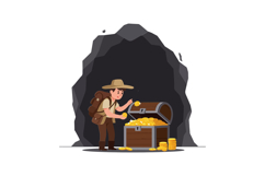 Treasure hunter discovering gold coins in cave flat vector a Product Image 1