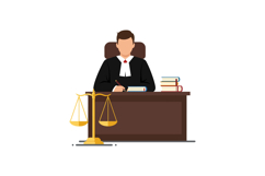 Judge sitting at desk with scales and books in flat vector a Product Image 1