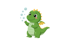Cute green dragon character blowing bubbles in flat vector a Product Image 1
