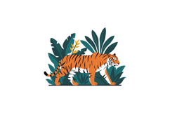 Tiger walking through lush tropical foliage in flat vector a Product Image 1