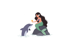 Mermaid interacting with dolphin on rock in flat vector art Product Image 1