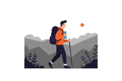 Hiker with backpack walking through mountains in flat vector Product Image 1