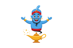 Blue genie character emerging from a magical lamp in flat ve Product Image 1