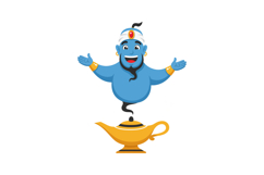 Blue genie character emerging from a magical lamp in flat ve Product Image 1