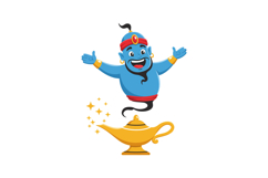 Blue genie emerging from magic lamp in flat vector art Product Image 1