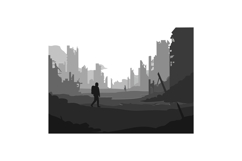 Silhouette of a lone figure in a desolate urban landscape, m Product Image 1