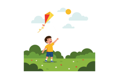 Happy child flying a colorful kite in flat vector art Product Image 1