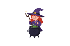 Witch stirring potion in cauldron in flat vector art style Product Image 1