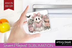Cute Ghost Magnet Sublimation - Spooky Halloween Square PNG Product Image 1