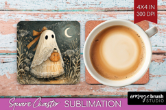 Cute Ghost Square Coaster - Spooky Halloween Coaster PNG Product Image 1