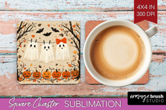 Cute Ghost Square Coaster - Spooky Halloween Coaster PNG Product Image 1