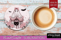 Ghost Cute Round Coaster Pink Halloween Coaster PNG Product Image 1