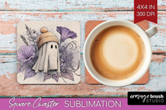 Cute Ghost Square Coaster - Spooky Halloween Coaster PNG Product Image 1