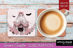 Ghost Cute Square Coaster Pink Halloween Coaster PNG Product Image 1