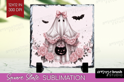 Ghost Cute Slate PNG Pink Halloween Square Slate Sublimation Product Image 1