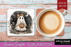 Cute Ghost Square Coaster - Spooky Halloween Coaster PNG Product Image 1