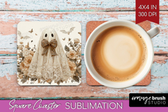 Cute Ghost Square Coaster - Spooky Halloween Coaster PNG Product Image 1
