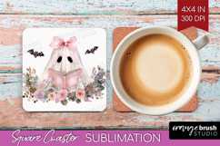 Cute Ghost Square Coaster - Spooky Halloween Coaster PNG Product Image 1