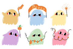 Cute Halloween Ghost Clipart Set, 6 Kawaii Spooky Ghosts PN Product Image 1