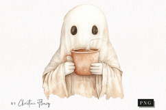 Cozy Halloween Ghost Drinking Coffee | Halloween PNG Product Image 1