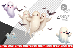 Clipart Watercolor Ghost Bat Friends Product Image 1