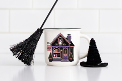 Spooky Christmas bookstore illustration featuring a ghost in a Santa hat, pastel gothic colors, festive wreaths, bookshelves, and cozy holiday lighting.