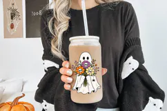 Floral ghost PNG featuring a smiling sheet ghost carrying a Halloween-inspired flower bouquet. Includes skull flower centers and whimsical botanical details.