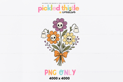 Hand drawn gothic floral bouquet clipart with cute skull flowers and ghost accents in muted pastel tones designed for sublimation and Halloween crafts.