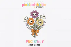 Hand drawn gothic floral bouquet clipart with cute skull flowers and ghost accents in muted pastel tones designed for sublimation and Halloween crafts.