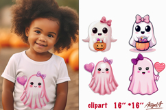 Pink ghost with bow, treats pastel Halloween Boo clipart PNG Product Image 1