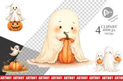 Clipart Watercolor Ghost Pumpkin Friends Product Image 1