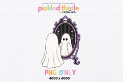 Ghost reflection clipart featuring a cute ghost and ornate mirror with purple gothic details, black striped background, and subtle sparkles.