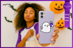 Cute ghost taking a selfie with an phone – cozy-kawaii Halloween SVG for Cricut, sublimation, and spooky crafts