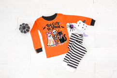 Digital PNG for Halloween projects with a ghost, skeleton, black cat, colorful bows, moon, bats, and star details. Fun, cute, and kid-friendly spooky style.