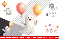 Clipart Watercolor Ghost Spooky Balloons Product Image 1