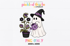 Cute witch ghost artwork showing a ghost watering a potted monster plant with sharp teeth, black flowers, and spooky details.