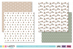 Digital paper pack with gift boxes, bows, Christmas trucks, and rustic dots in soft beige and green hues for modern holiday projects.