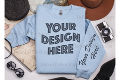 Gildan 18000 Light Blue Sweatshirt mockup flat lay Aesthetic Product Image 1